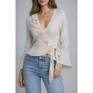 Anthropologie Sleeping on Snow Floral Wrap Cardigan Wool Alpaca Cream Cottagecor